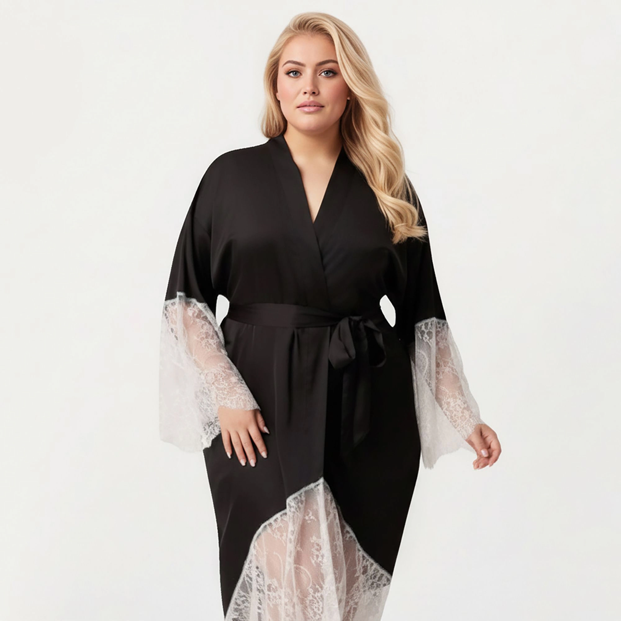 Anna-Kaci Women's Plus Long Robe with Sheer Lace Hem and Sleeve Detailing Soft Flowing Fabric