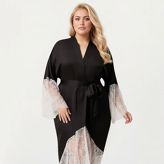 Anna-Kaci Women's Plus Size Long Robe with Sheer Lace Hem and Sleeve Detailing and Soft Flowing Fabric