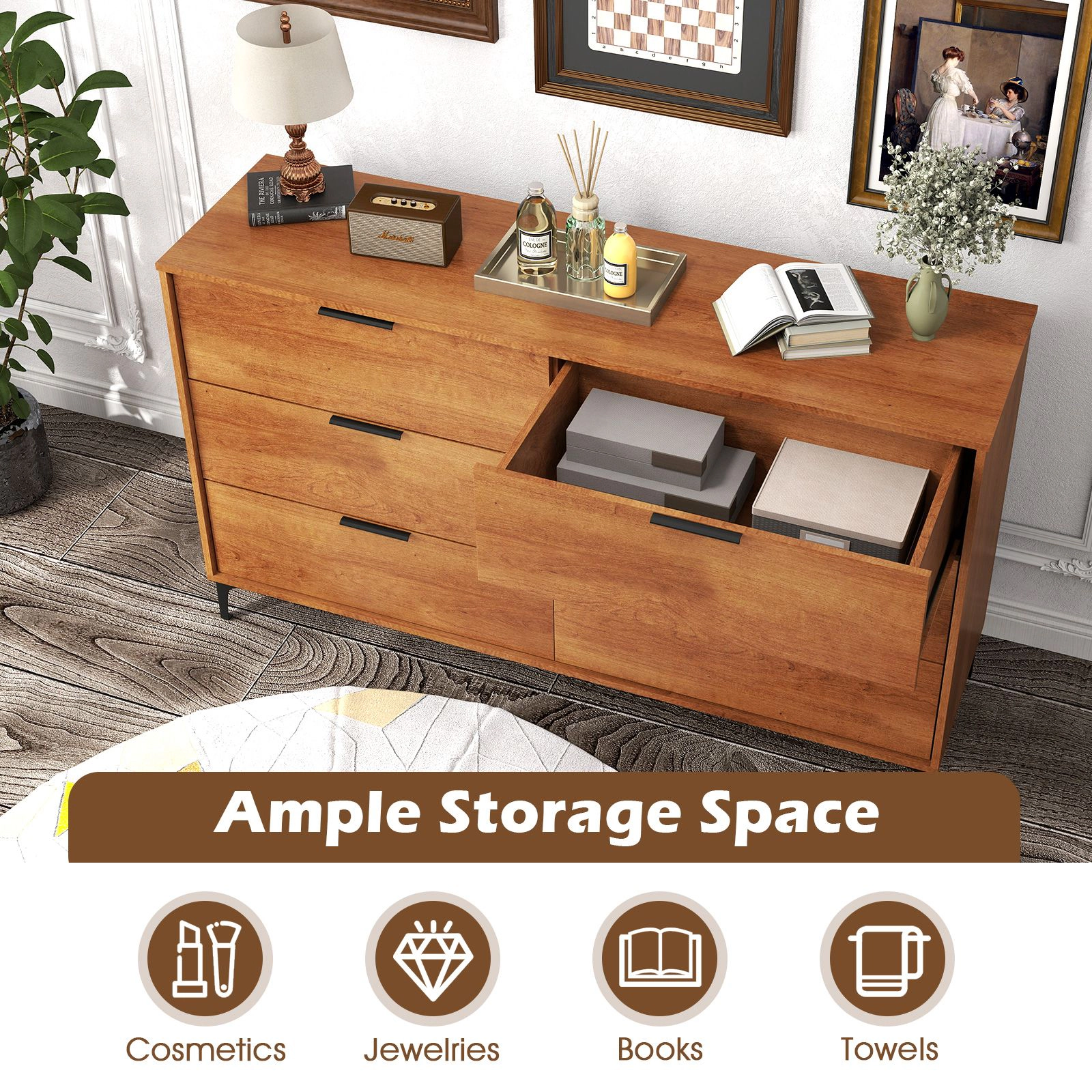 SlickBlue 6 Drawer Dresser with Metal Legs and Cherry Wood Storage Cabinet