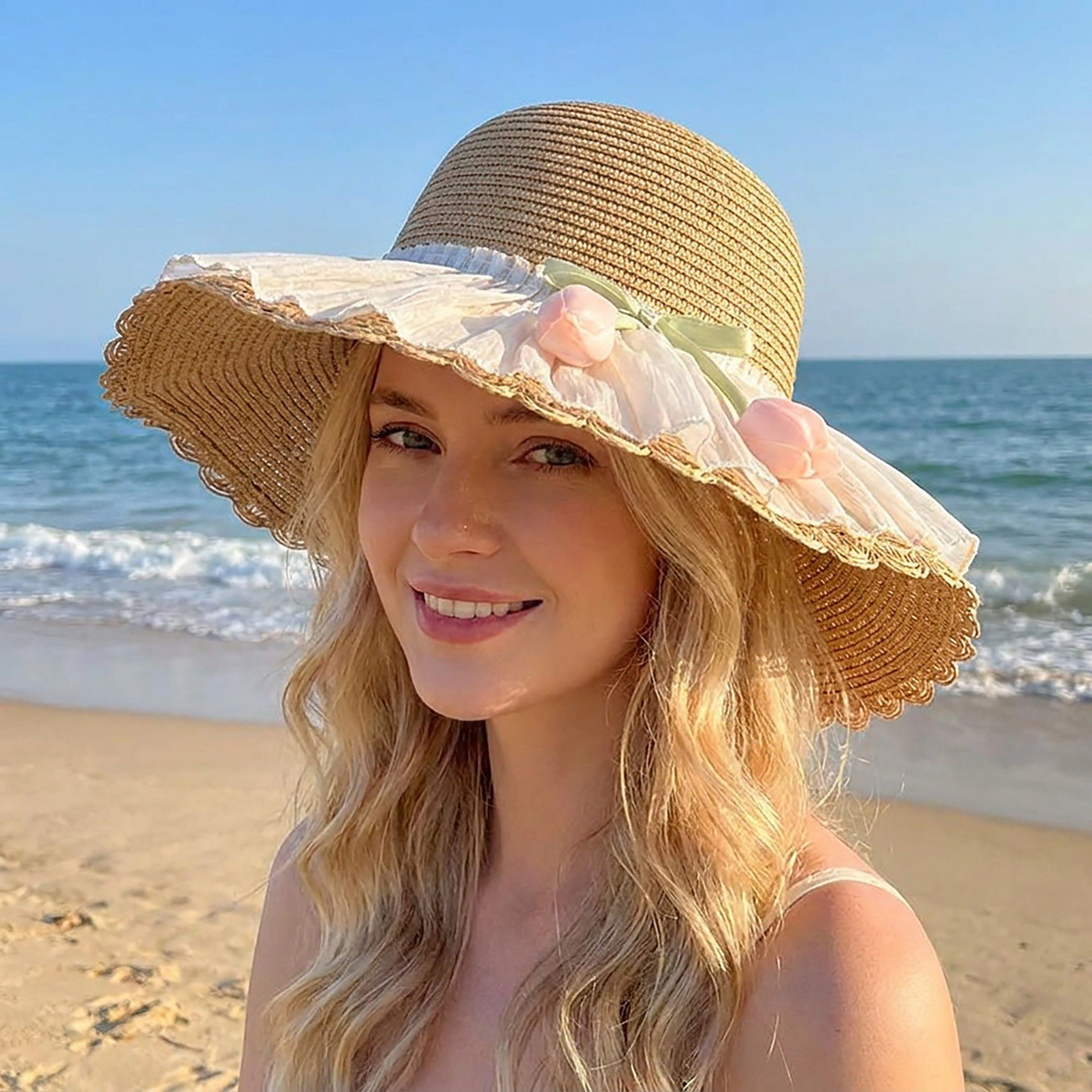 Anna-Kaci Women's Wide Brim Straw Sun Hat with Pleated Sheer Bow Accent and Floral Trim