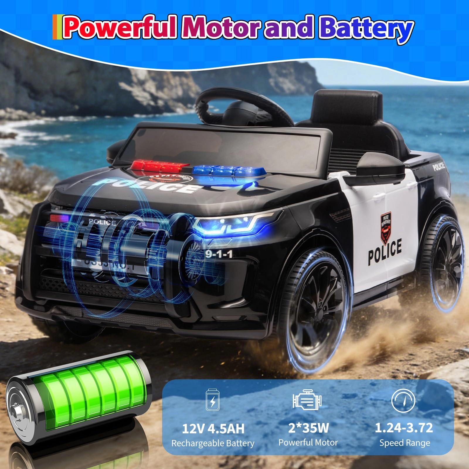 12V Kids Police Ride On Car with Remote Control, Bluetooth Music, Lights & Suspension for Ages 3-8