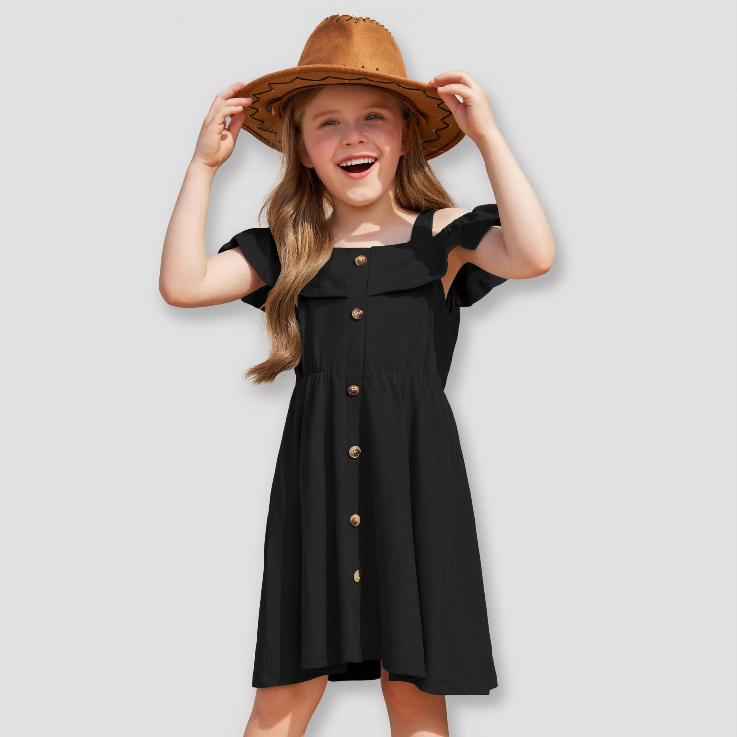 Arshiner Girls Dresses Summer Spaghetti Strap Cold Shoulder Ruffle Button Down A Line