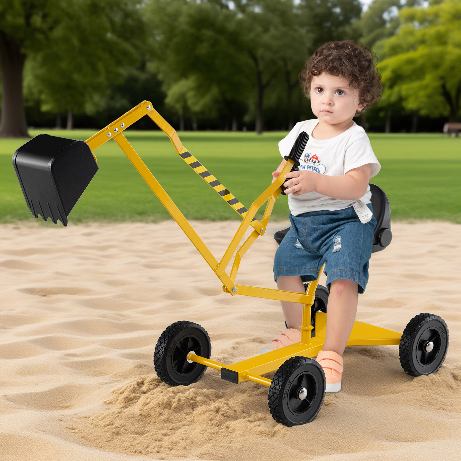 Kids Sandbox Toy Digger Ride-On Excavator Dual Lever Controls Fine Motor Skills 360-Degree Seat 110-lb Ages 3+ Yellow