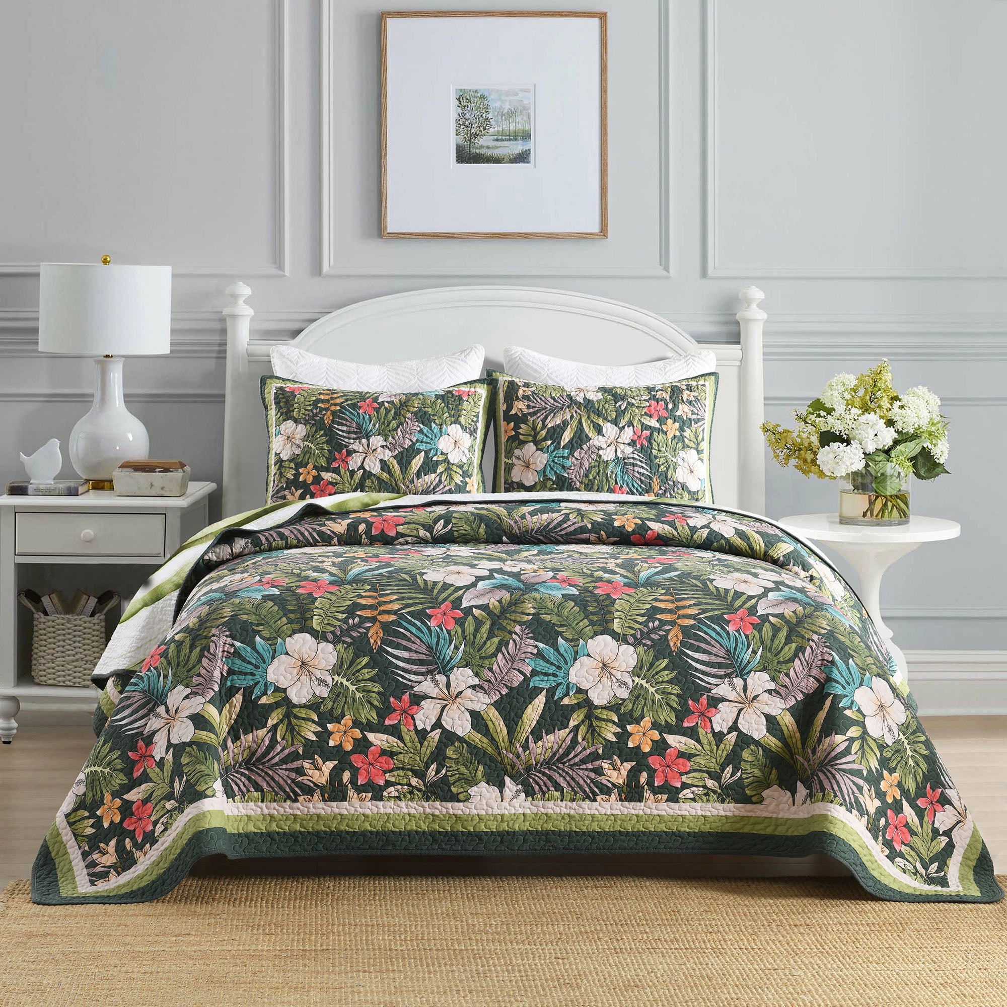 MarCielo 3 Pieces Lightweight Tropical Leaf and Flower Quilt Bedspread Set