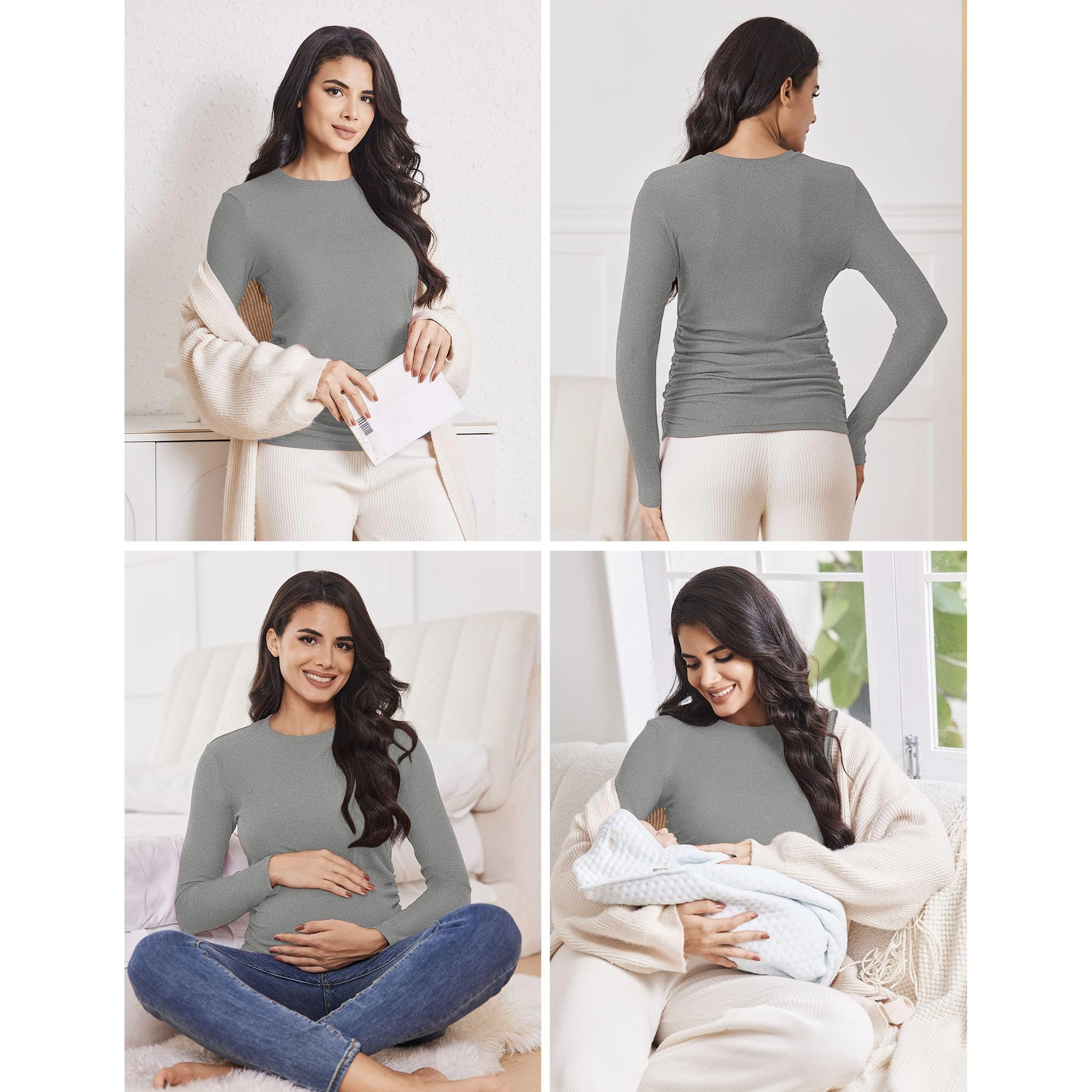 Ekouaer Women's Maternity Crew Neck Long Sleeve Ribbed Ruched T-Shirt