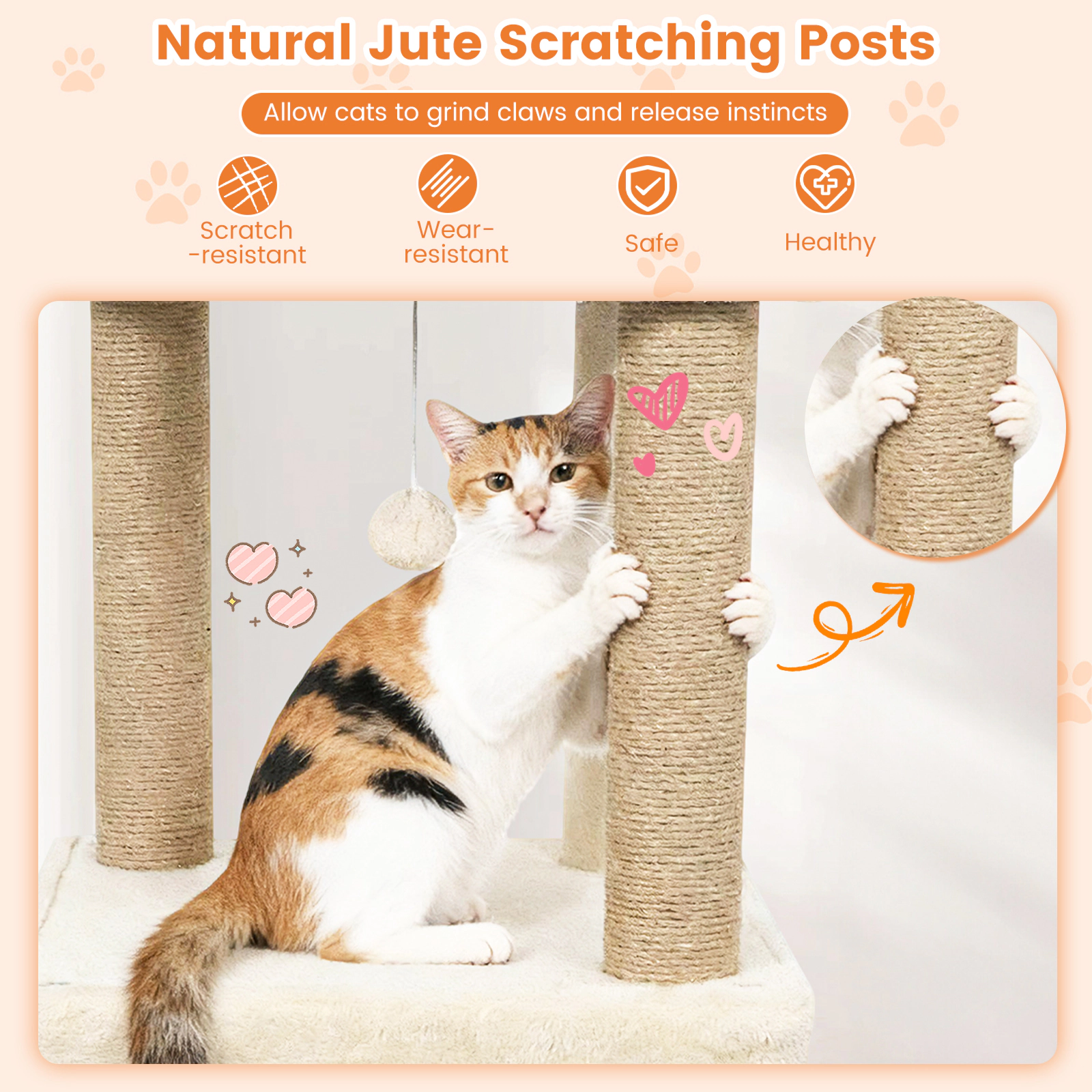 SUGIFT 64-in Tall Cat Tree with 2 Large Condos, 24 x 24-in Base and Jute Scratching Posts 33-lb Capacity Beige