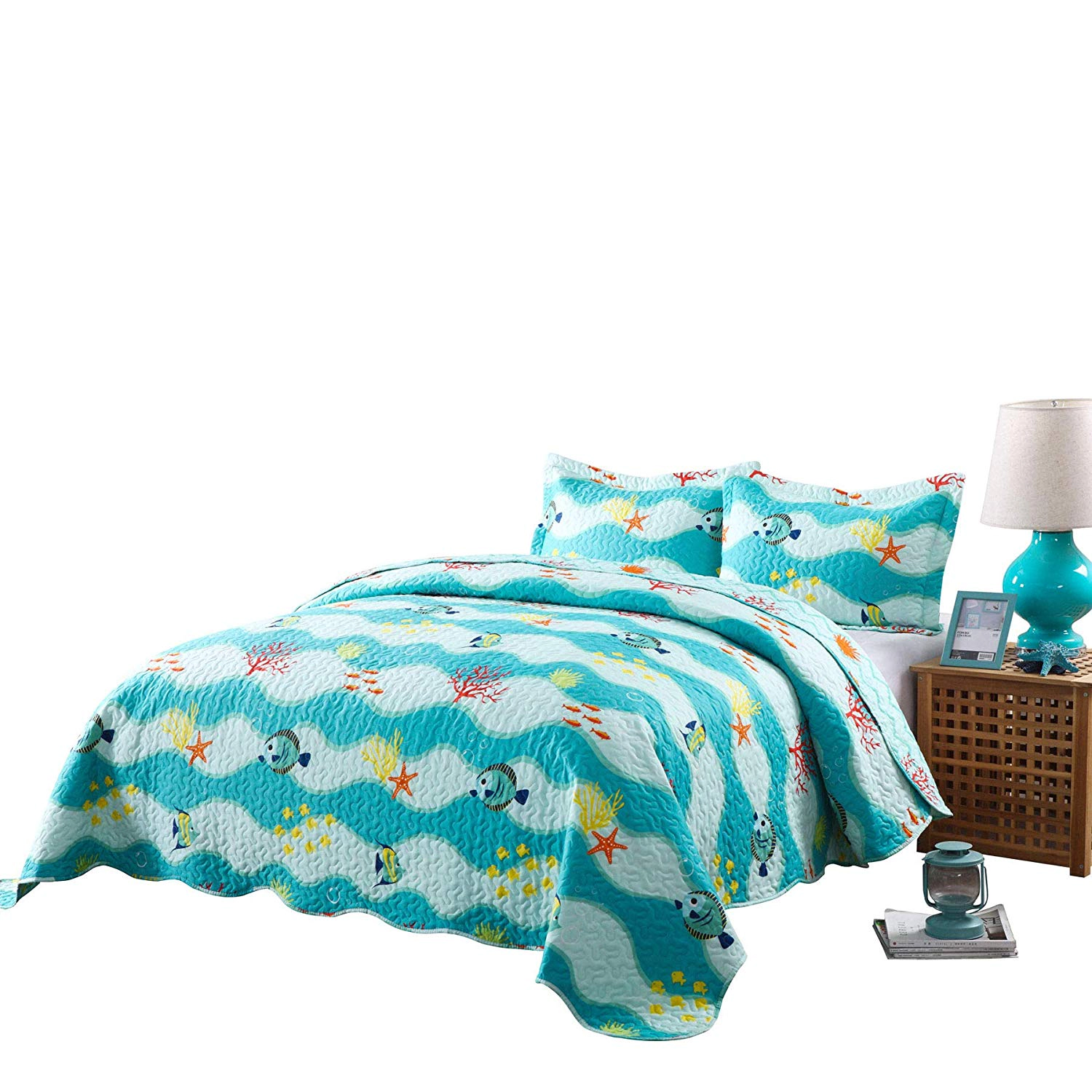 MarCielo 2/3 Piece Kids Ocean Quilt Set, Sea Life Bedspread Set