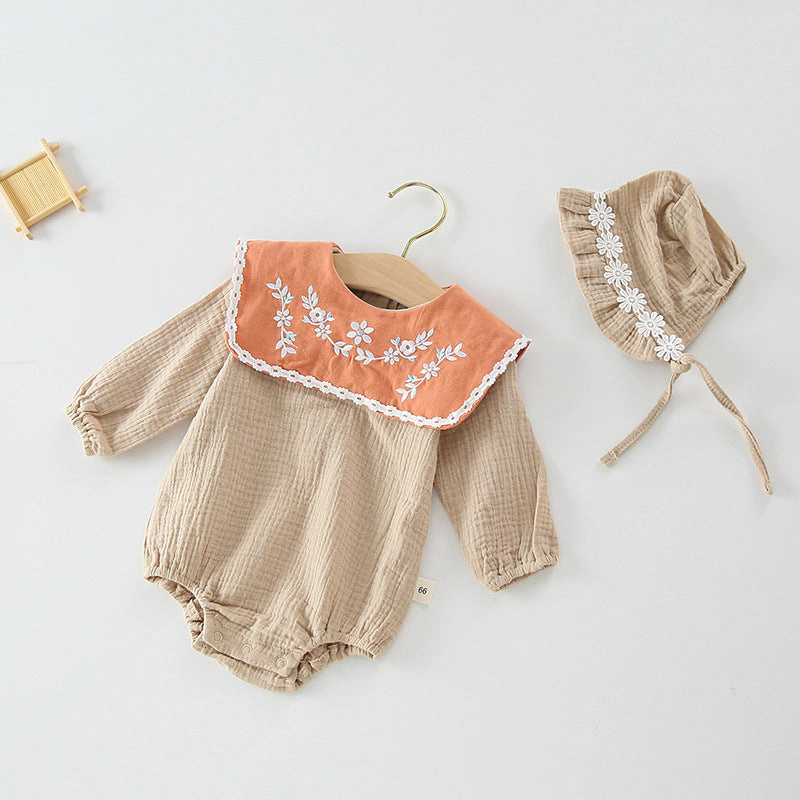 MyKids-USA Baby Girl Floral Embroidery Pattern Long Sleeves Autumn Princess Bodysuit With Hat
