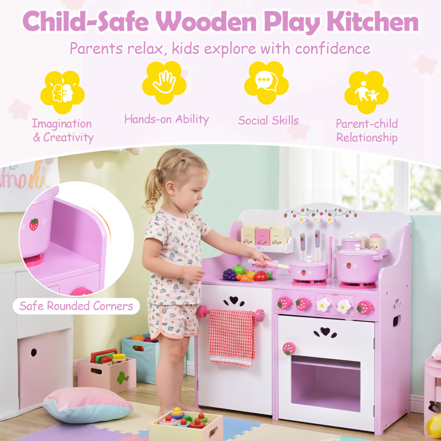 Hivvago Kids Wooden Kitchen Toy Strawberry Pretend Cooking Playset