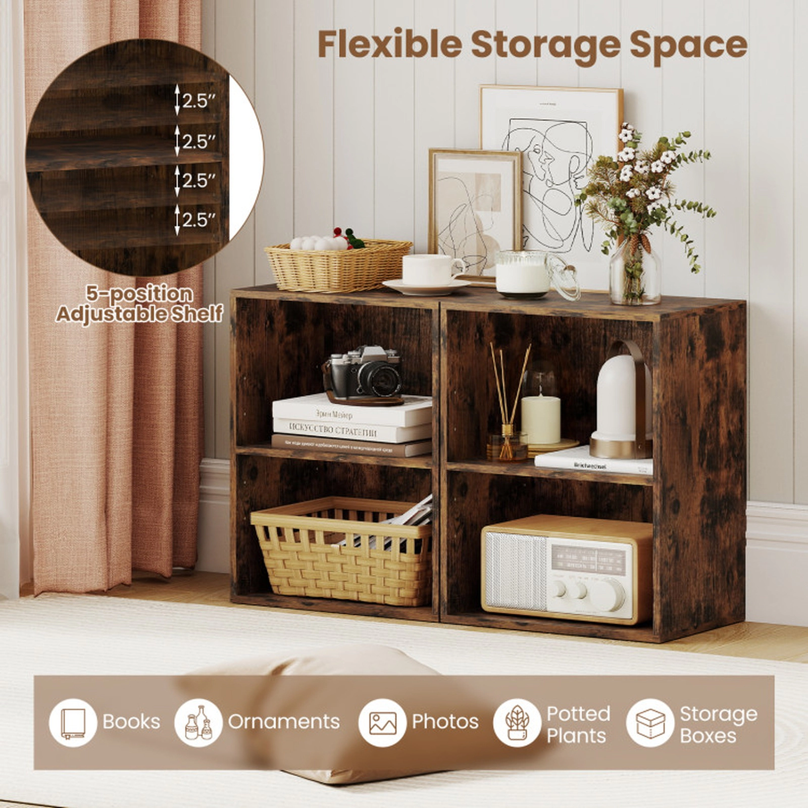 SUGIFT Brown Set of 2 2-Cube Bookcases with 5-Position Adjustable Shelf