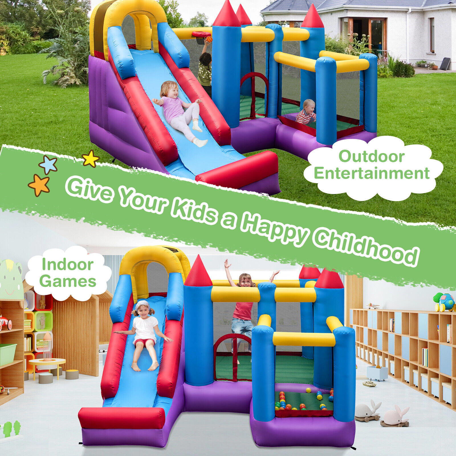 SUGIFT 4-in-1 Inflatable Bounce Castle Long Slide Climbing Wall Basketball Hoop 200-lb Capacity Ages 3-12 Multi-color