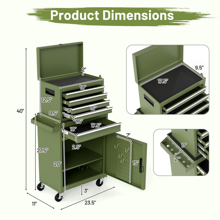 SUGIFT 2-in-1 Rolling Tool Combination Cabinet with 5 Sliding Lockable Drawers 220.5-lb Capacity Green