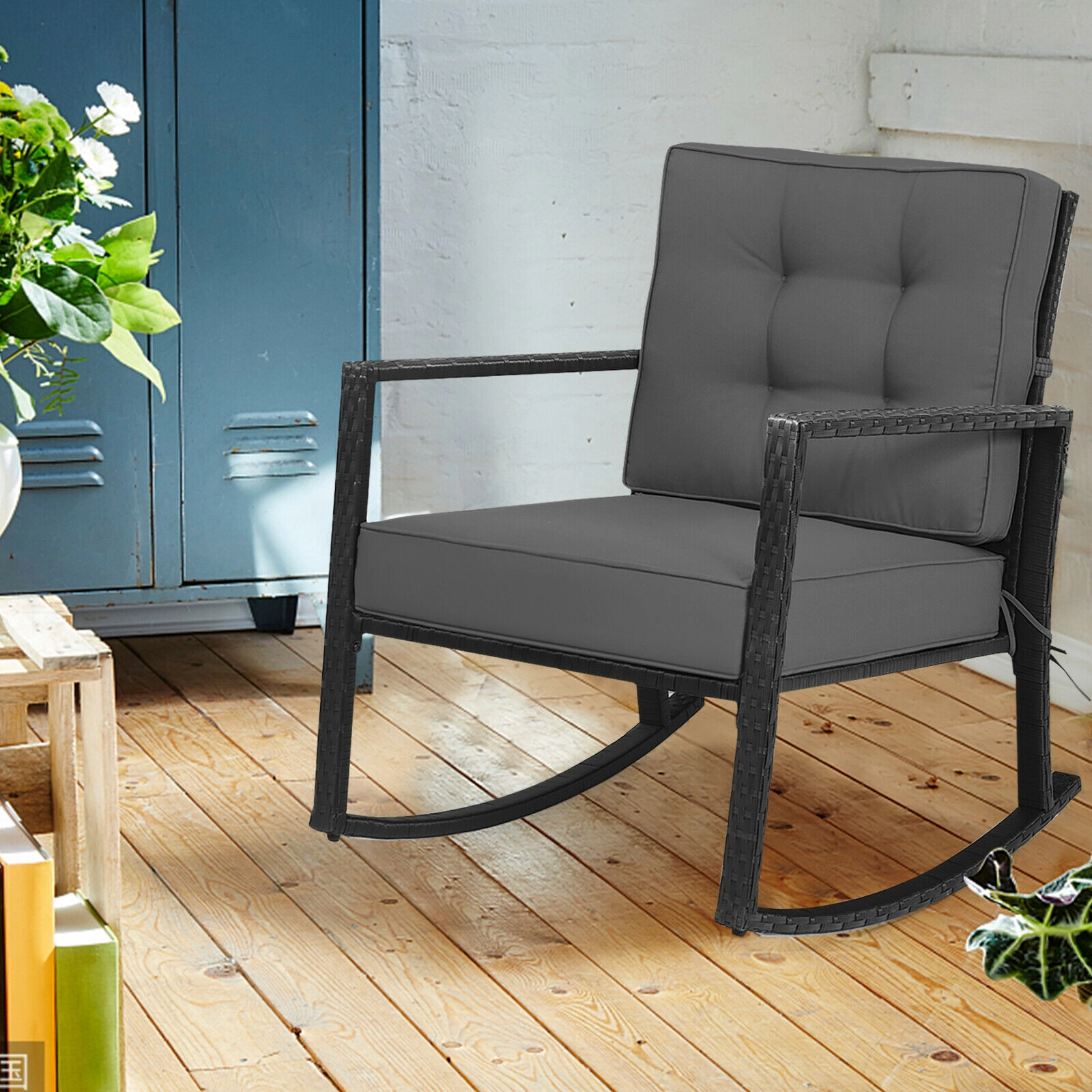 SUGIFT Black Rattan Outdoor Rocking Chair, 5-Inch Cushion, 360-Lb Capacity