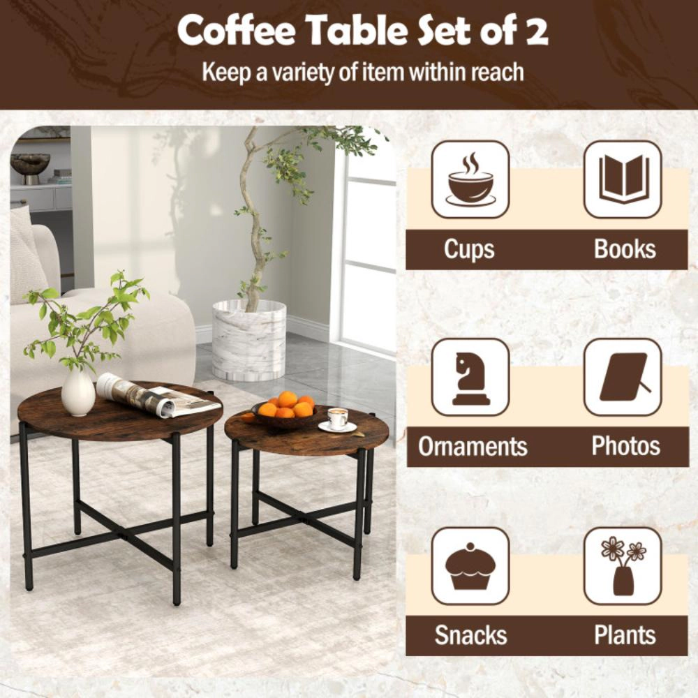 Hivvago Modern Set of 2 Round Tables with Strong Metal Frames