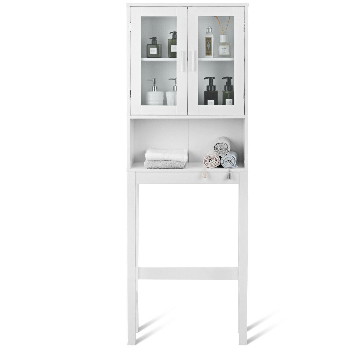 SlickBlue White Over Toilet Bathroom Storage Cabinet with Glass