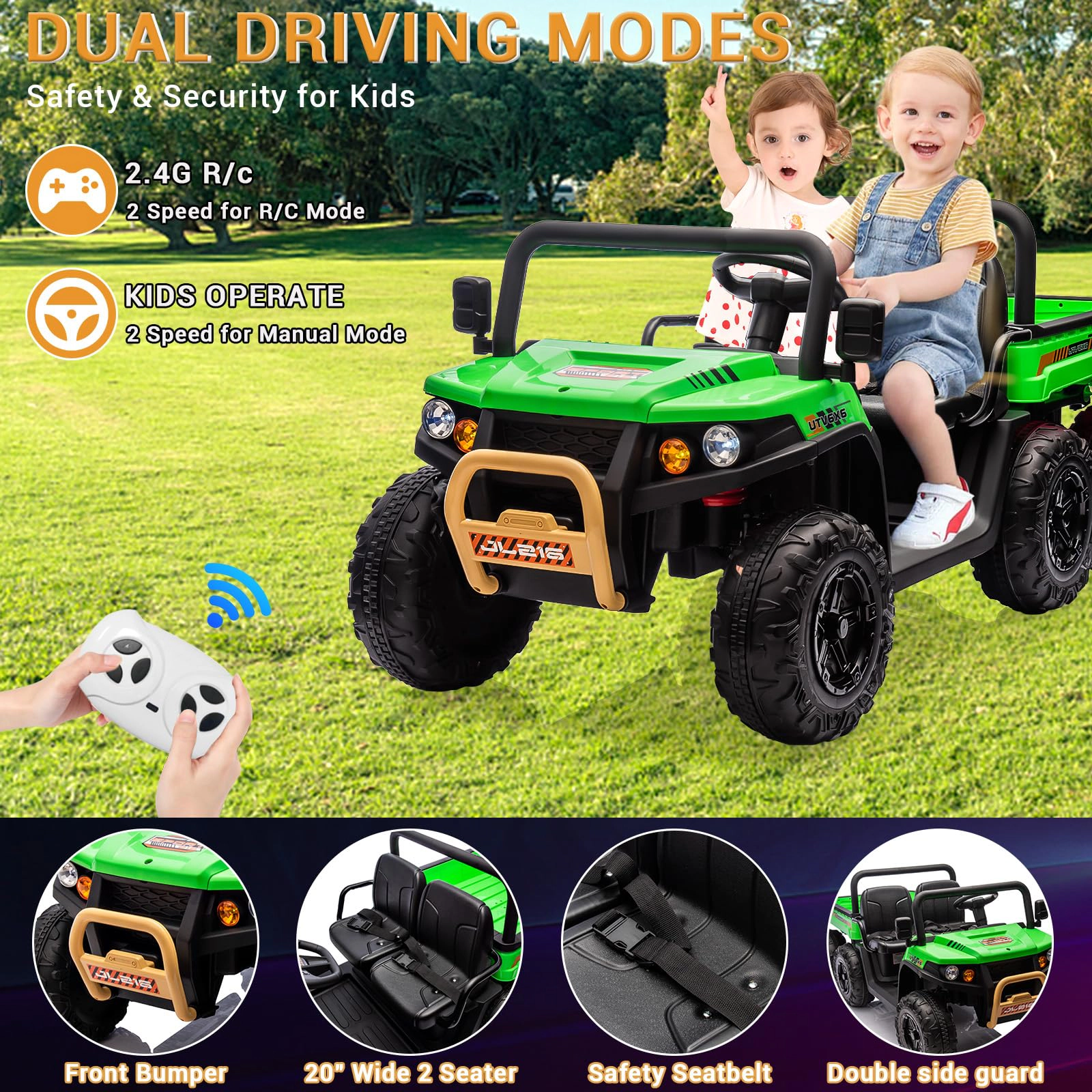 Enjyam 24V 6-Wheel Ride-on Dump Truck, 2-Seater 4WD Electric UTV with Remote, Bed & Shovel, Music, LED