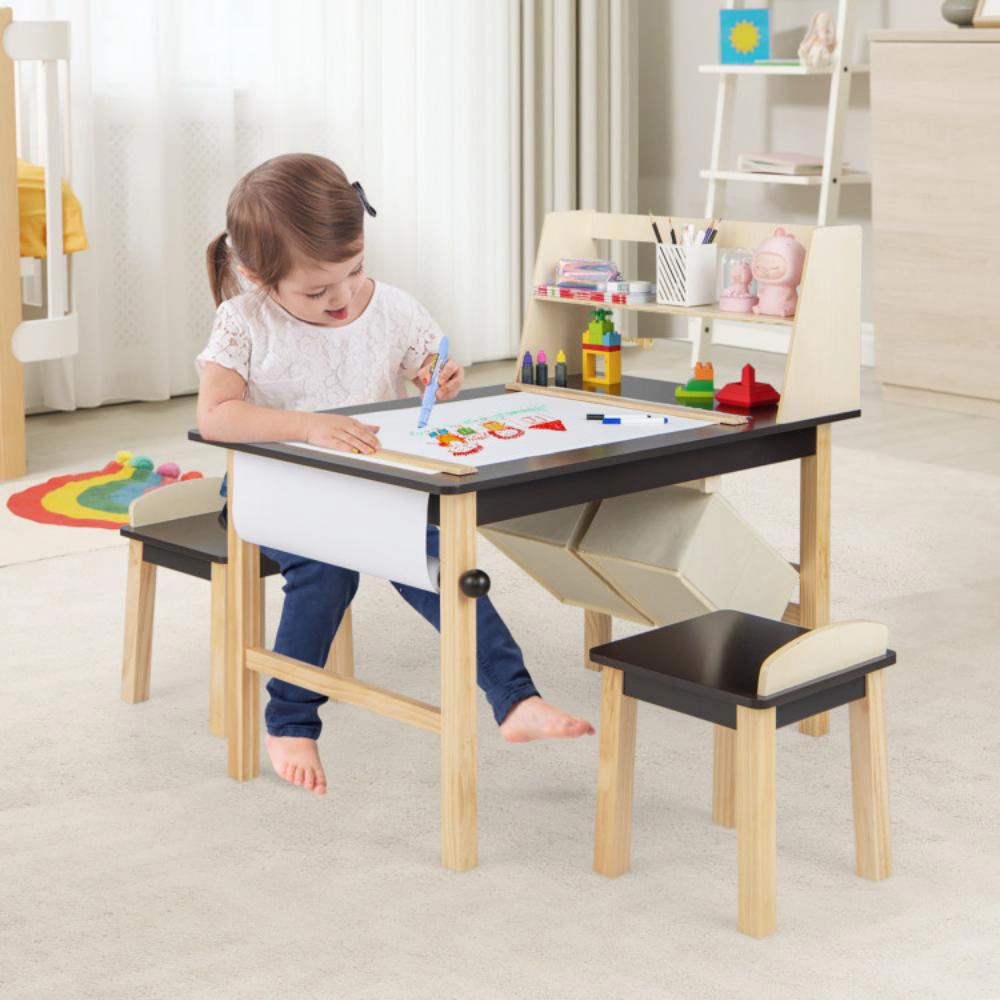 Hivvago Kids Art Table And Chairs Set With Paper Roll And Storage Bins-Coffee