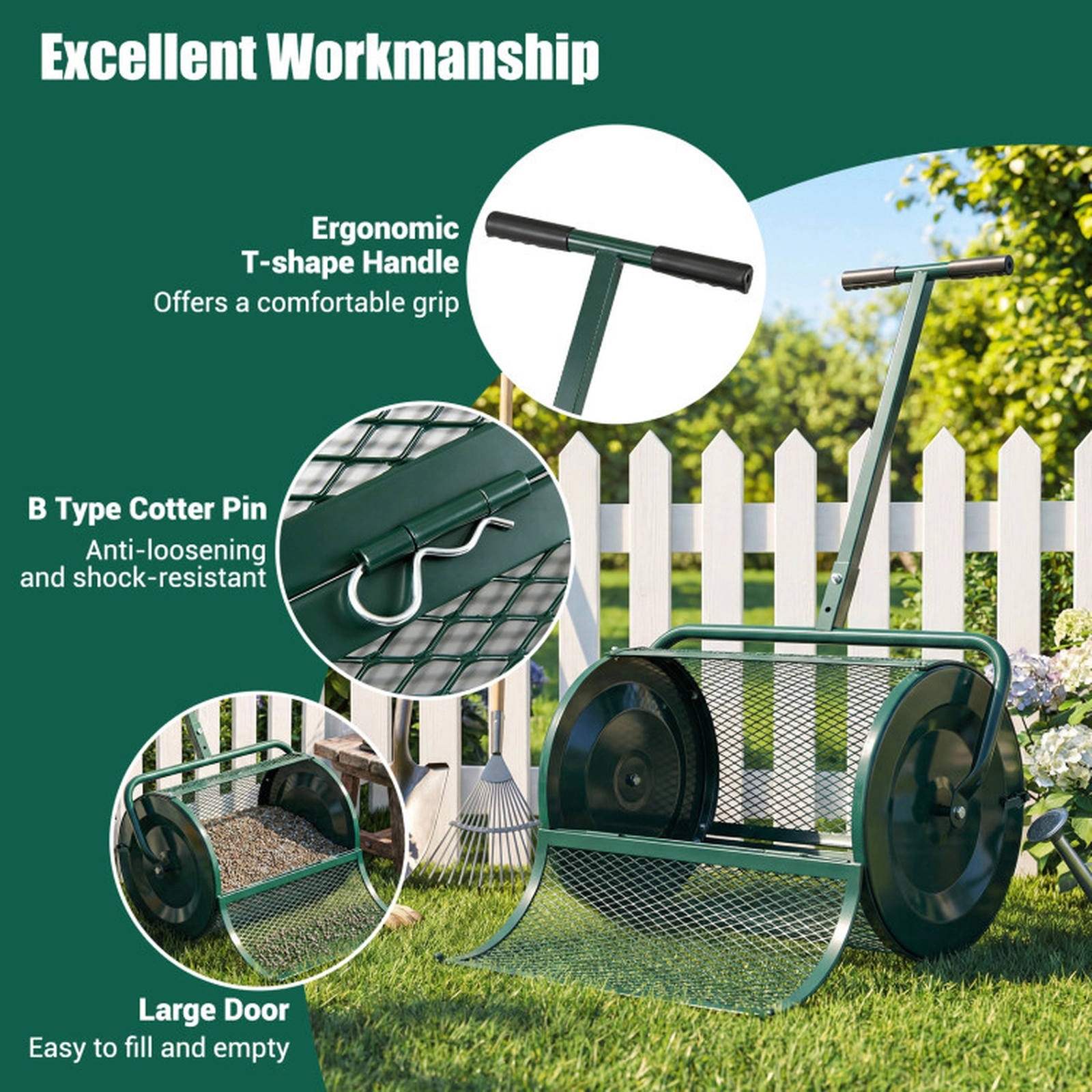 SUGIFT Compost Spreader Roller Garden Cart with 2.7 Cu.ft Basket Height-Adjustable T-Shape Handle Green
