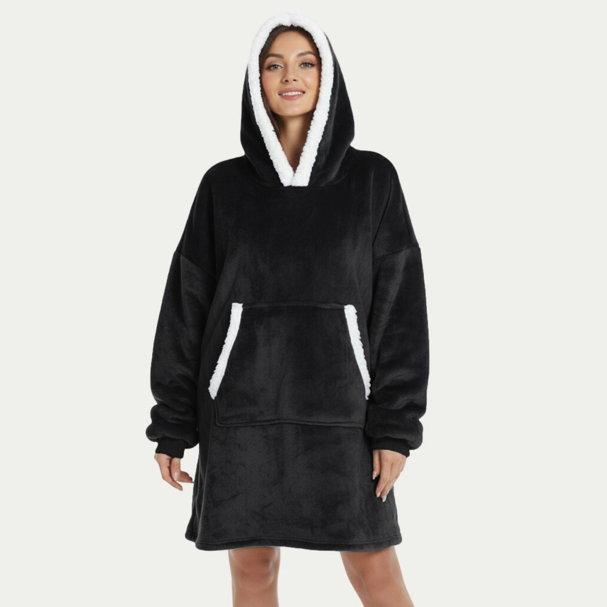 Anna-Kaci Women's Plush Hooded Lounge Dress with Faux Shearling Trim Long Sleeves and Front Kangaroo Pocket