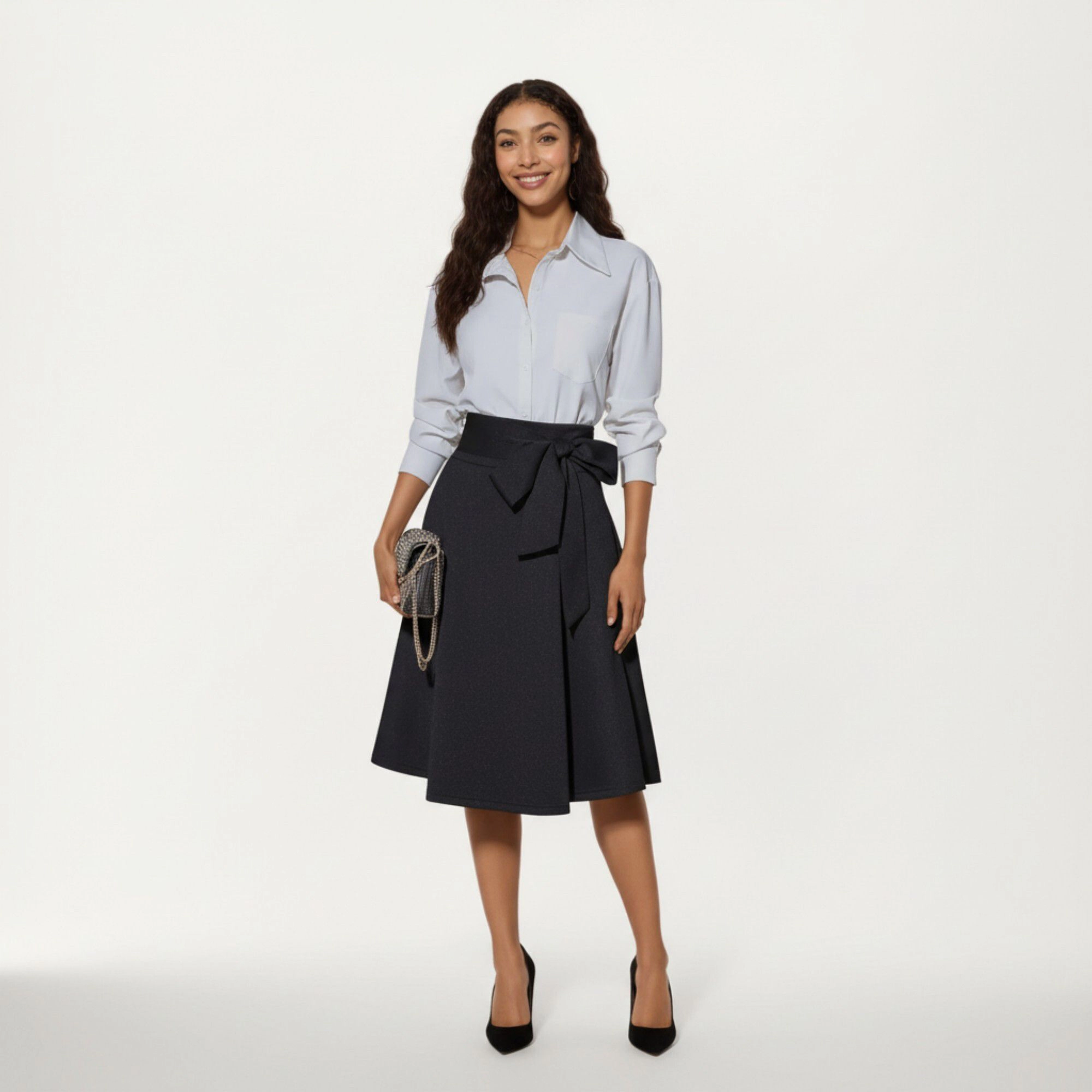 Anna-Kaci Womens High Waist Flared Midi Skirt with Oversized Bow