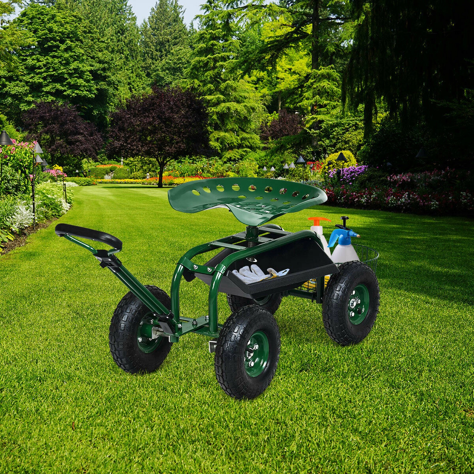 SUGIFT Heavy Duty Garden Cart with Tool Tray and 360 Swivel Seat 330-lb Capacity Green