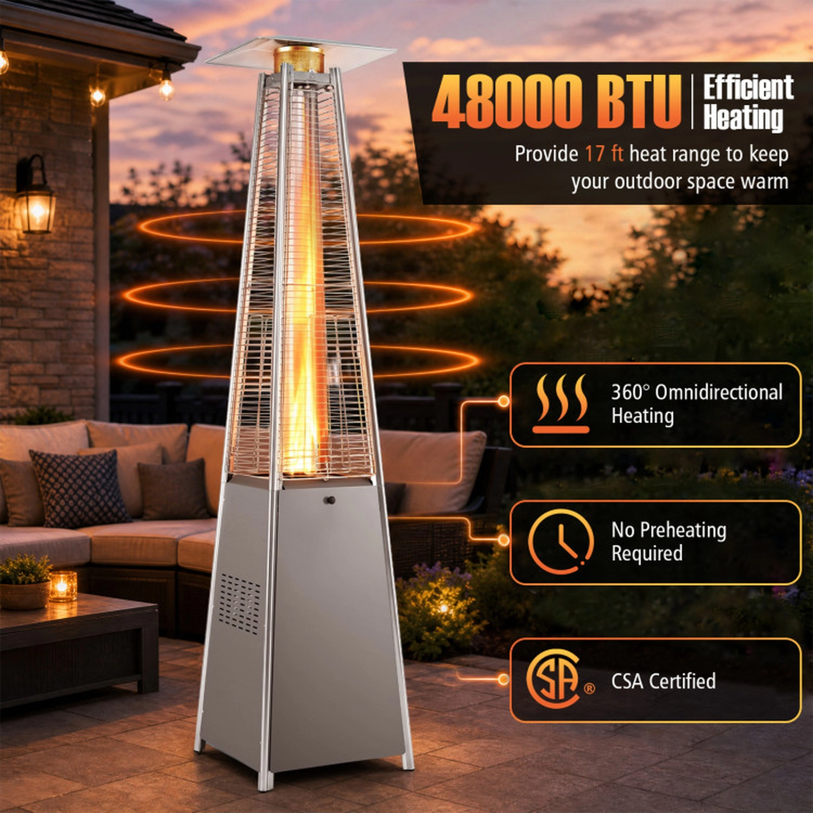 SUGIFT 45000 BTU Pyramid Patio Heater with Triple Safety Protection and Zippered Cover Silver Black Gray
