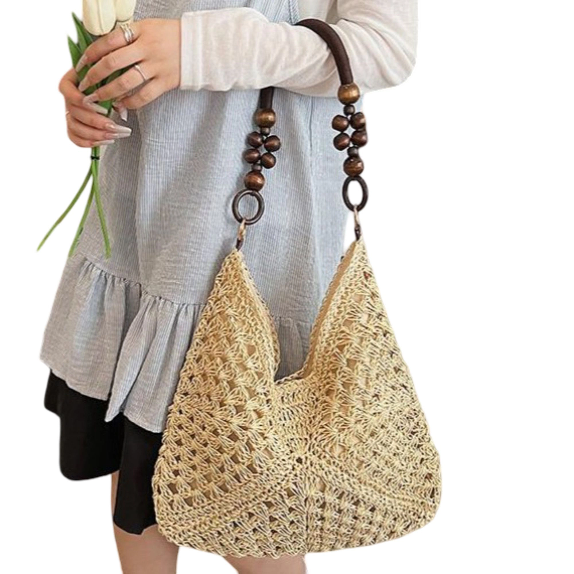Alilang Women's Woven Straw Hobo Bag with Wooden Handle Bead Accents and Spacious Interior