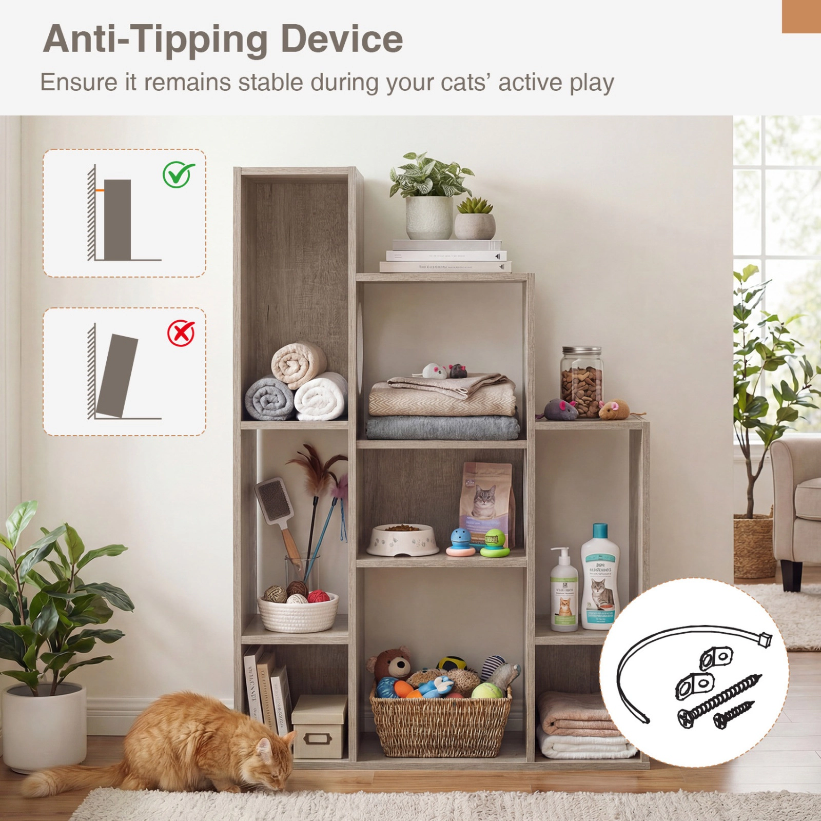 SUGIFT 46-in Gray Oak Modern Cat Tree Bookshelf with 8-Section Cabinet 2 Cat Holes and Wall Anchor