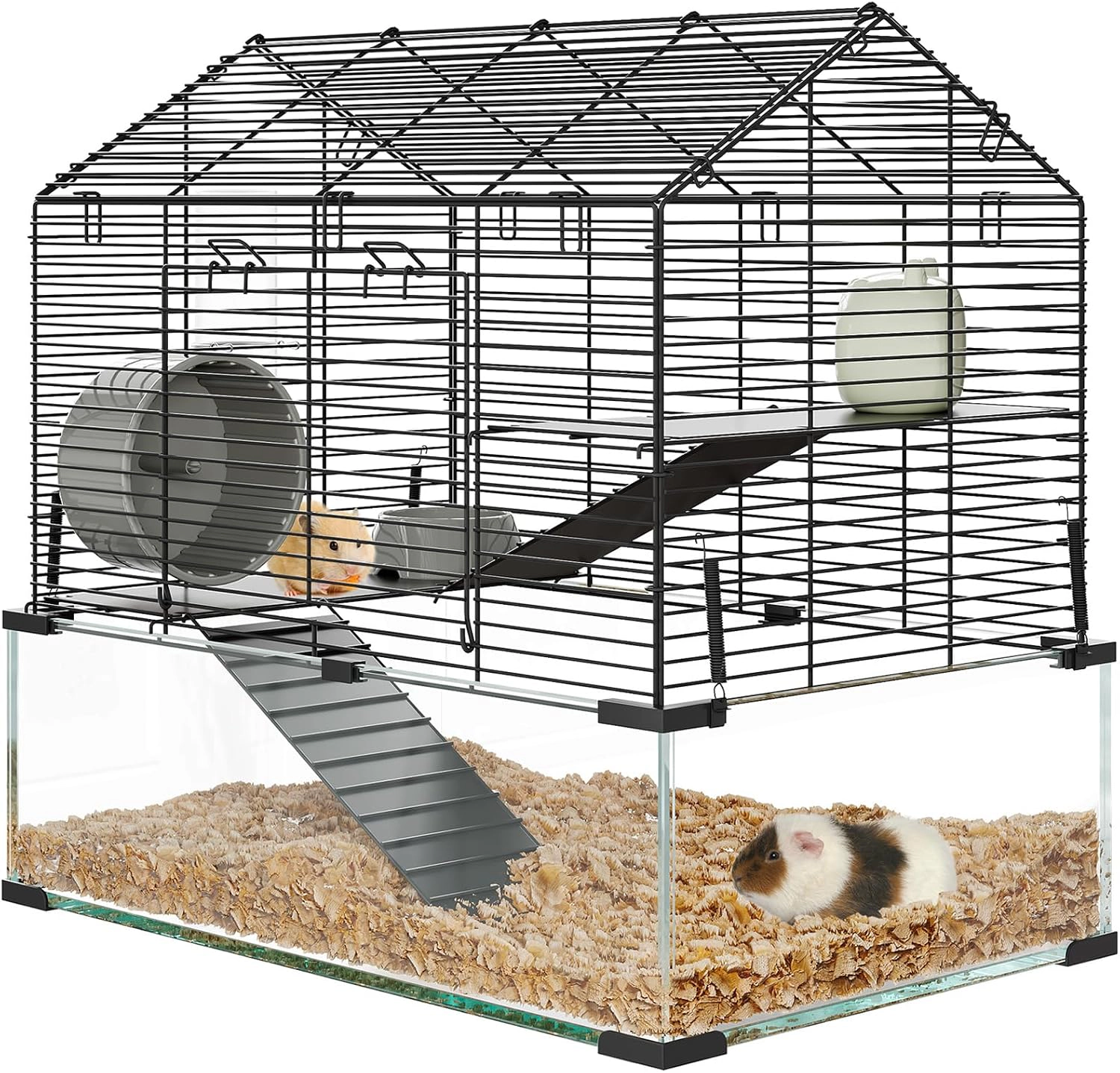 58x54x38cm Glass-Metal Hamster Gerbil Cage, 360 View Small Animal Habitat with Full Accessories