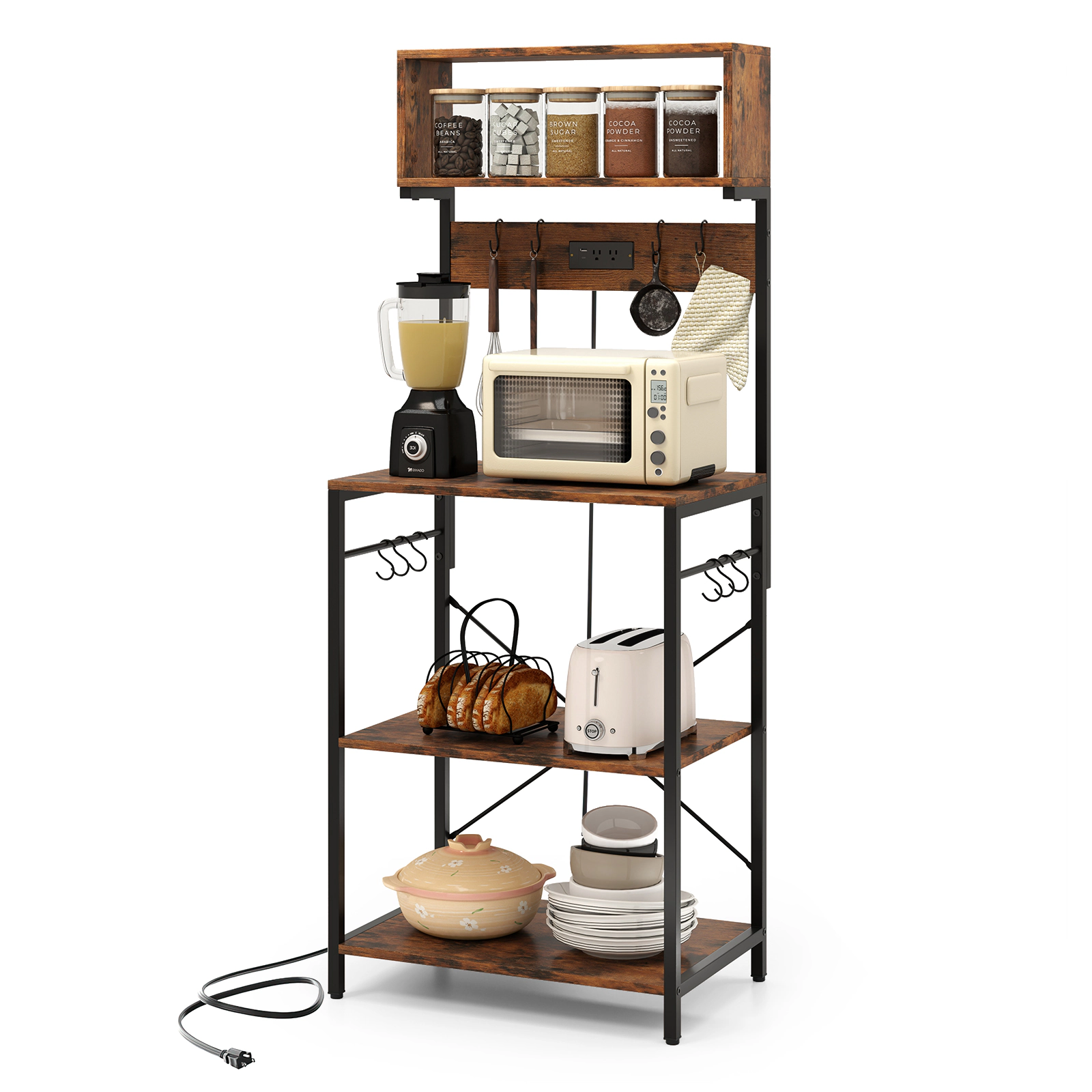 SUGIFT 60-in Tall Rustic Brown Microwave Stand with Power Strip 4 Open Shelves and 10 Hooks for Coffee Bar