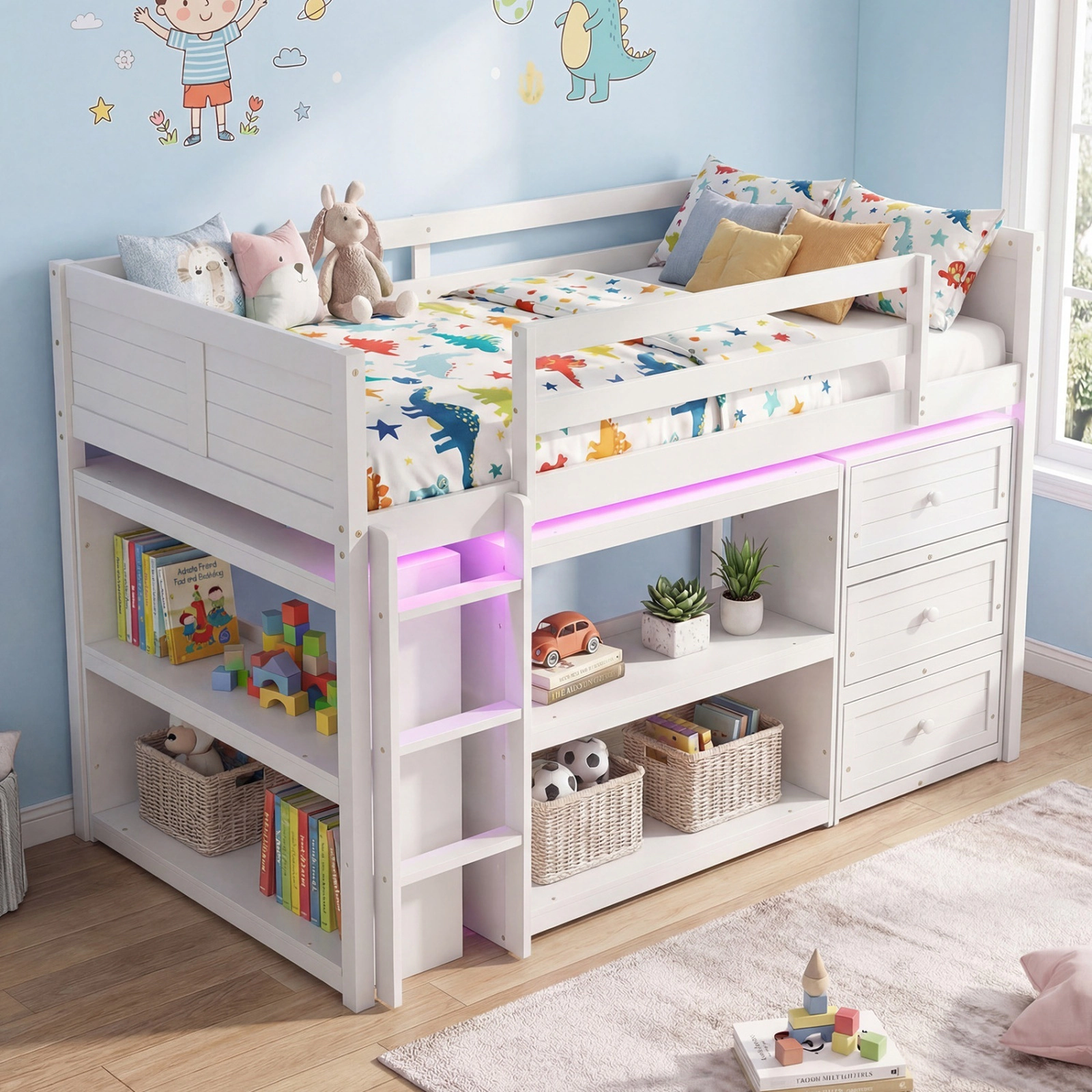SUGIFT Twin Loft Bed for Kids with LED Lights, 3 Drawers, 4 Shelves, White