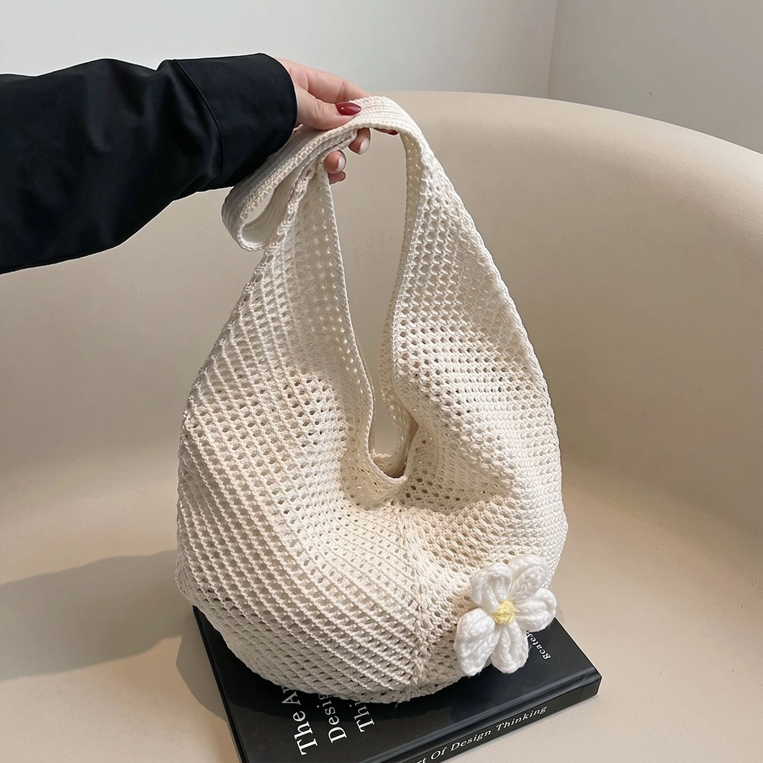 Alilang Women's Woven Crochet Hobo Shoulder Bag Lightweight Knit Slouchy Tote with Flower Detail, Beige