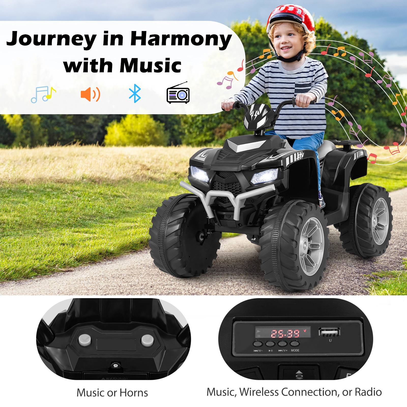 24V Kids Ride On ATV 4-Wheeler Electric Quad Wireless Music LED Battery Display 13.5-in Treaded Tires Ages 3-8 Black