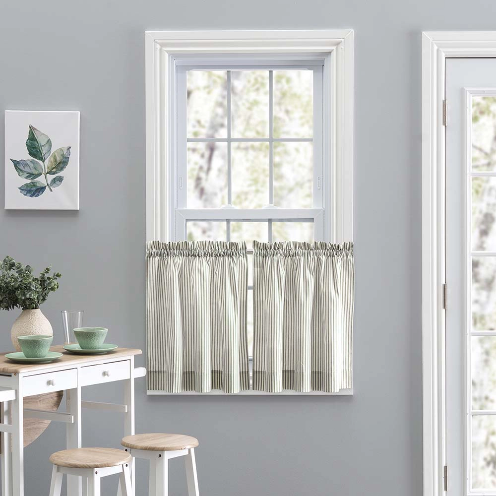 Ellis Curtain Plaza Classic Ticking Stripe Printed on Natural Ground 1.5" Rod Pocket Tailored Tiers 56" x 36"  Sage