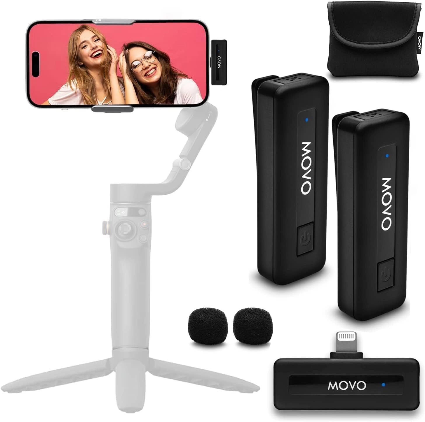 Movo Wireless Mini DI Duo Wireless Microphone - iPhone Video Recording Mic with Lavalier Mic, 10 HR Battery, 164FT Range