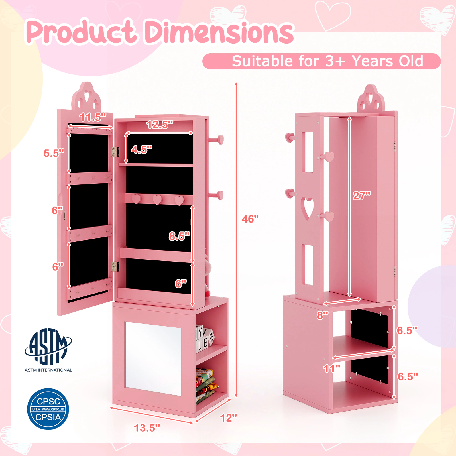 SUGIFT Freestanding Jewelry Armoire and Full-Length Mirror Kids Vanity Table Stool Set