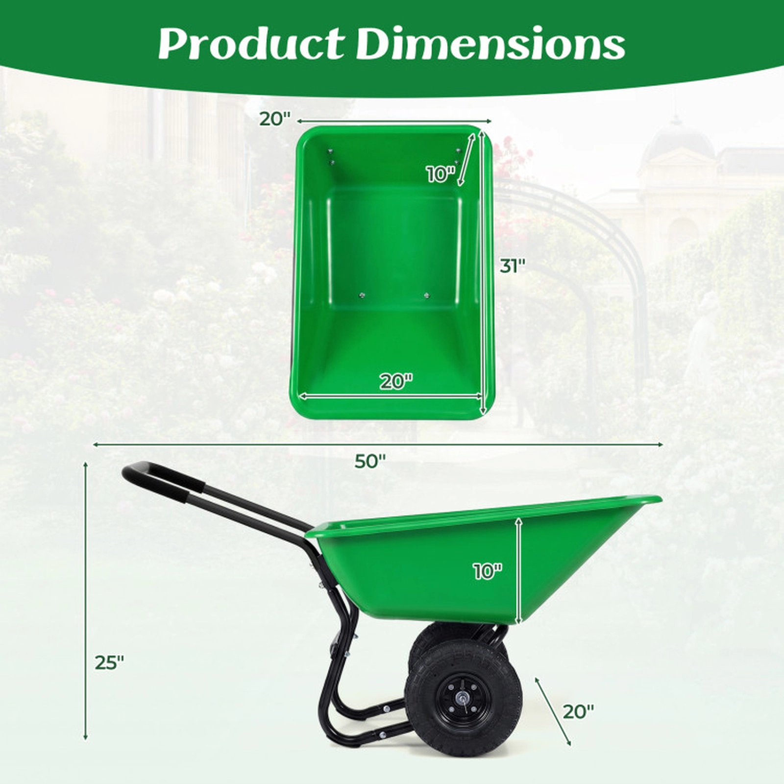 SUGIFT Dual-Wheel Wheelbarrow Garden Utility Cart with Pneumatic Tires 330-lb Capacity 21-gal Hopper Light Green