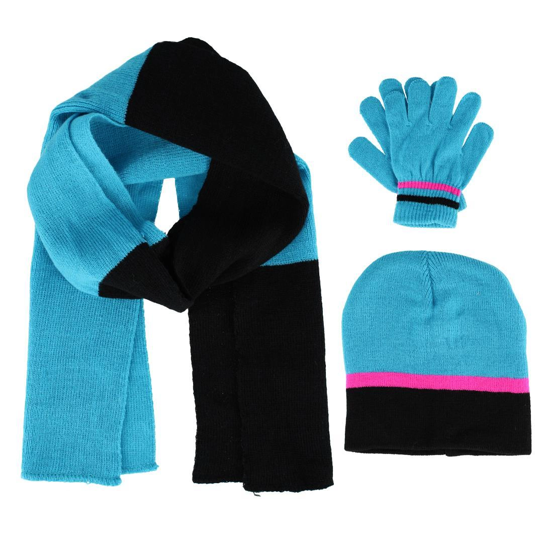 Connex Gear Girl's 8 - 16 Stripe Hat Scarf and Gloves 3 Piece Winter Set
