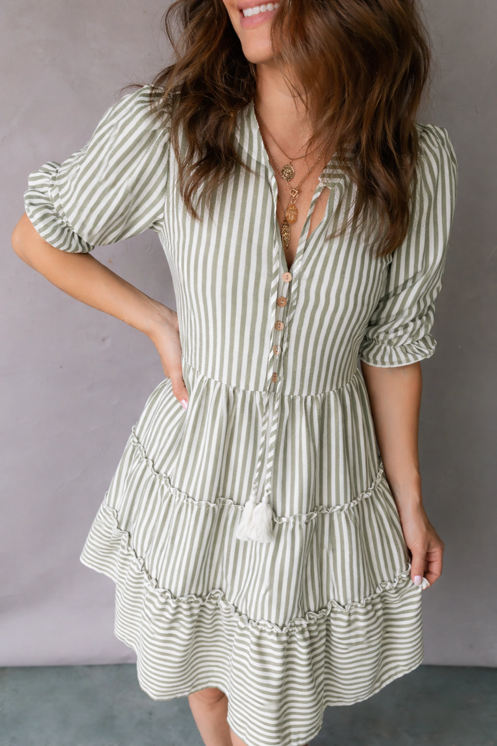 Threaded Pear Women's Bailey Sleeve Tiered Flattering Dress