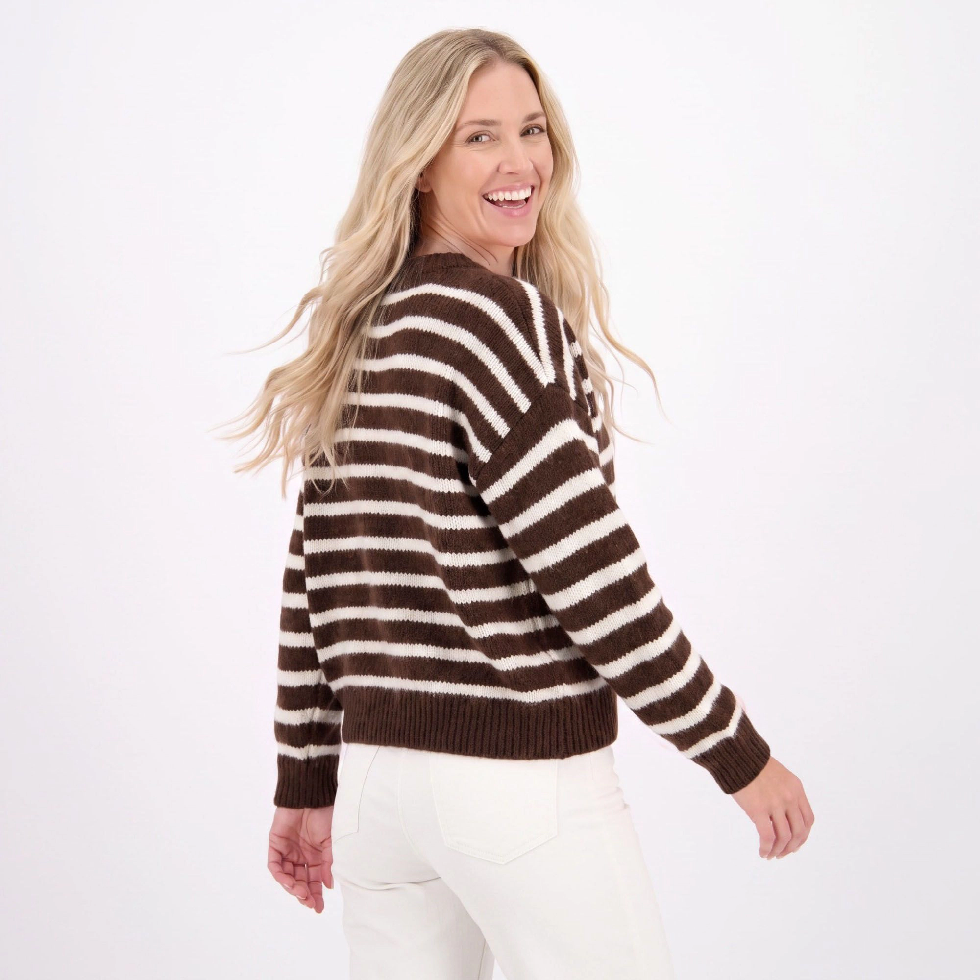 Anna-Kaci Women's Striped Button-Front Crew Neck Knit Cardigan