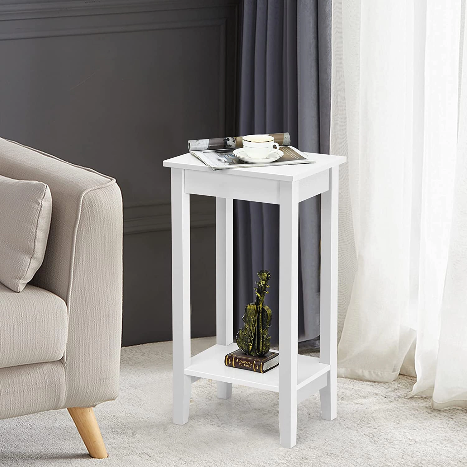 SUGIFT Set of 2 White 29-Inch 2-Tier End Tables with Storage Shelves