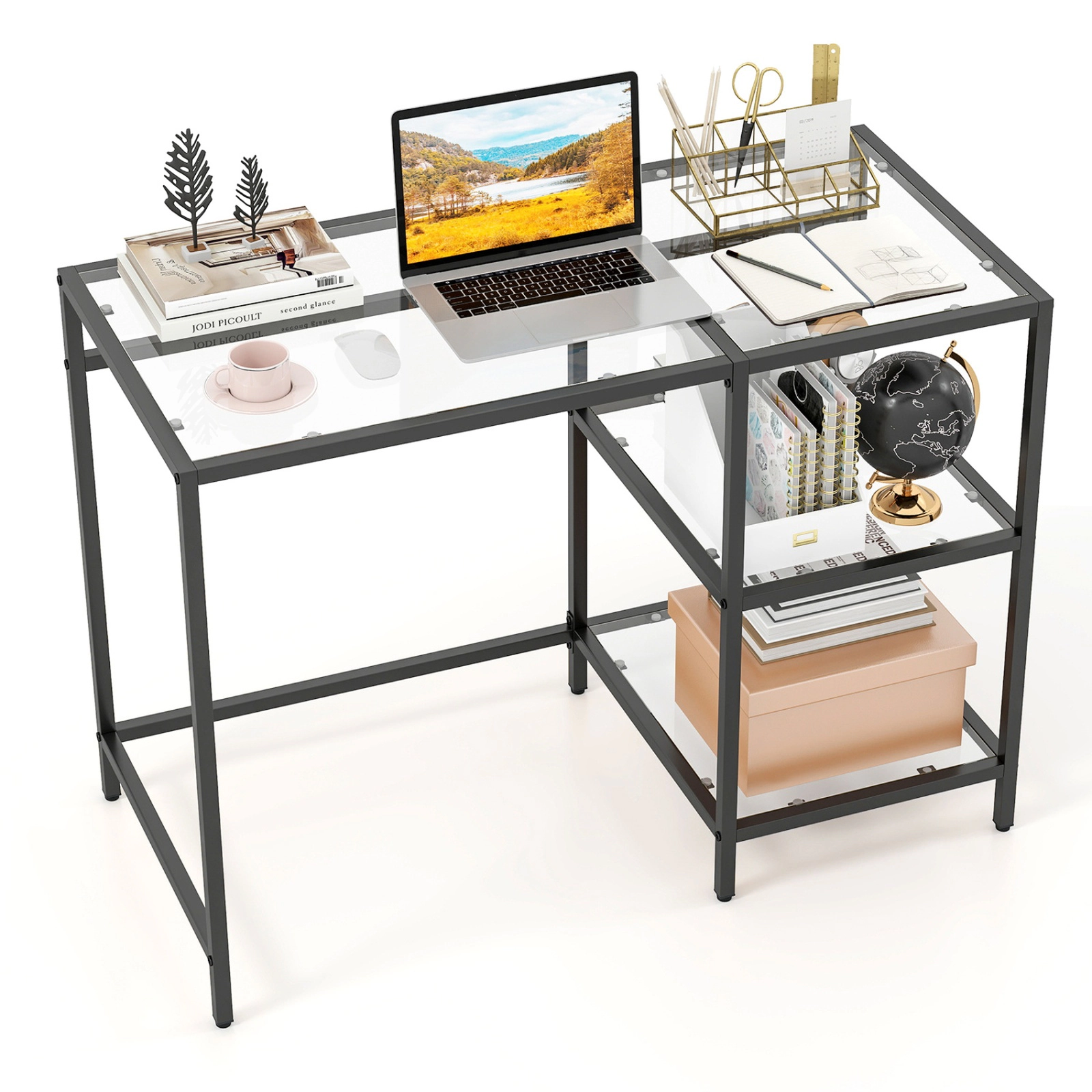 SUGIFT 42-Inch Modern Tempered Glass Console Table with Gold Metal Frame and Detachable Lower Shelf