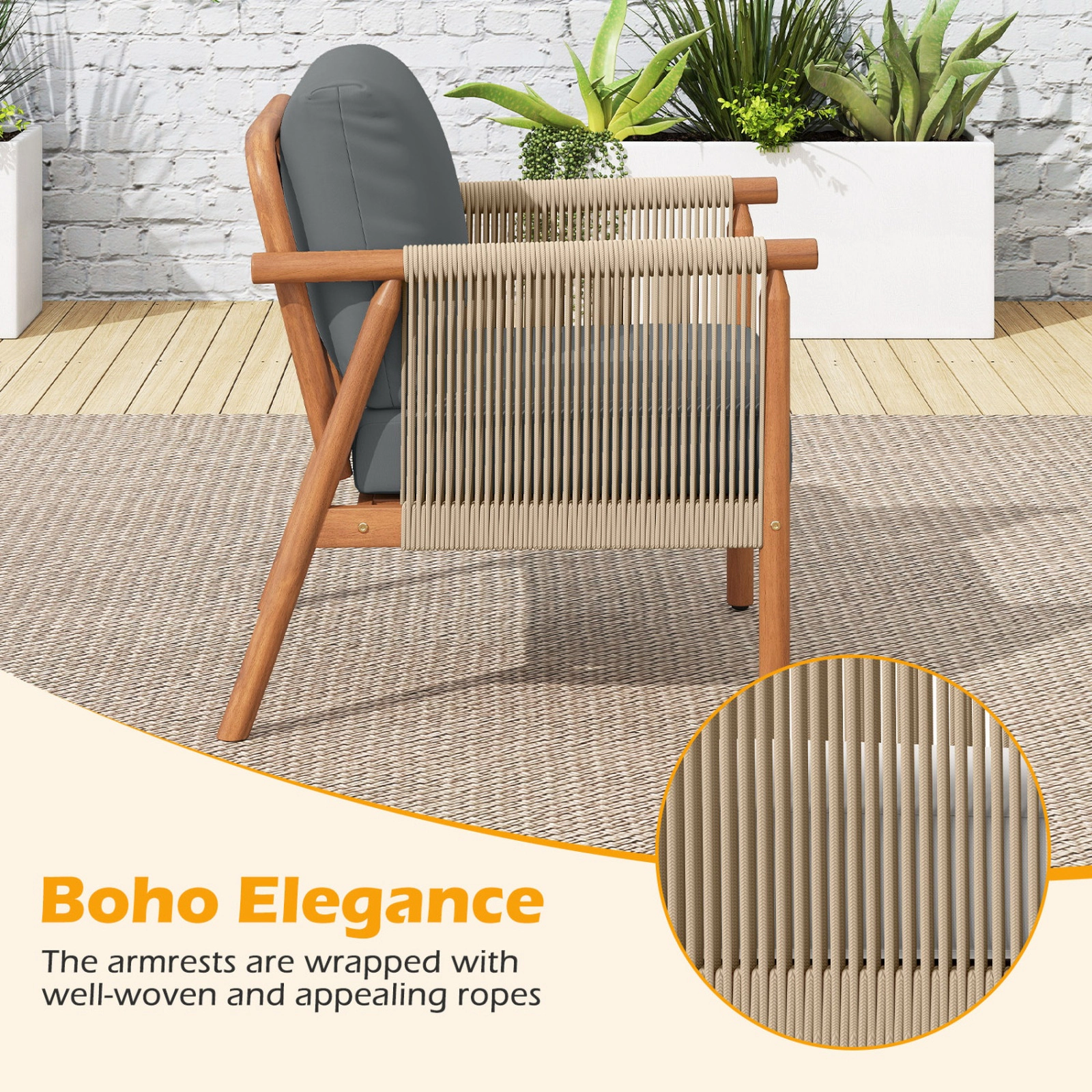 SUGIFT Set of 2 Boho Acacia Wood Outdoor Patio Club Chairs with Woven Rope Armrests