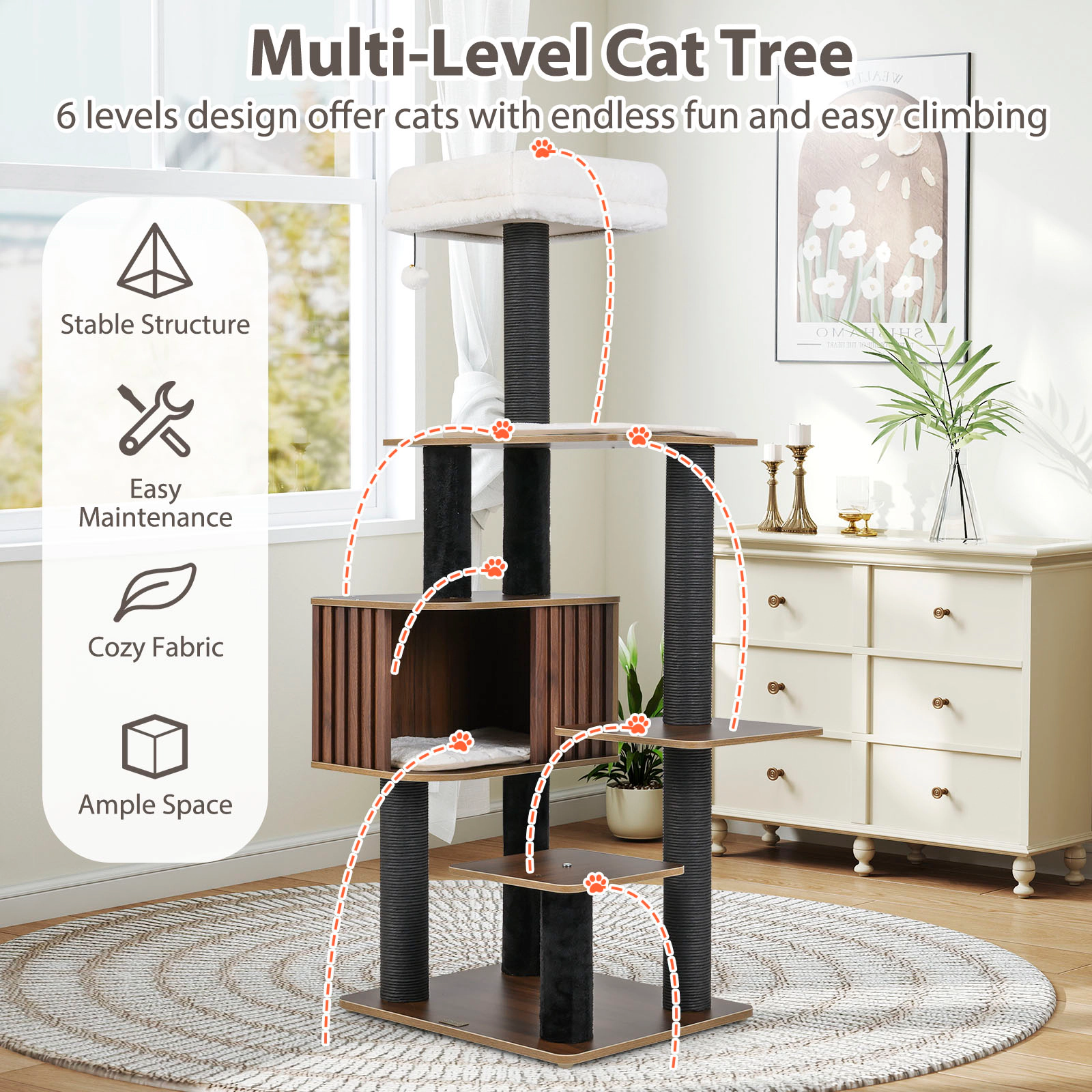 SUGIFT 59.5-in Brown Multi-Level Cat Tree Tower with Fence-Style Condo and Top Perch 23-in Base W