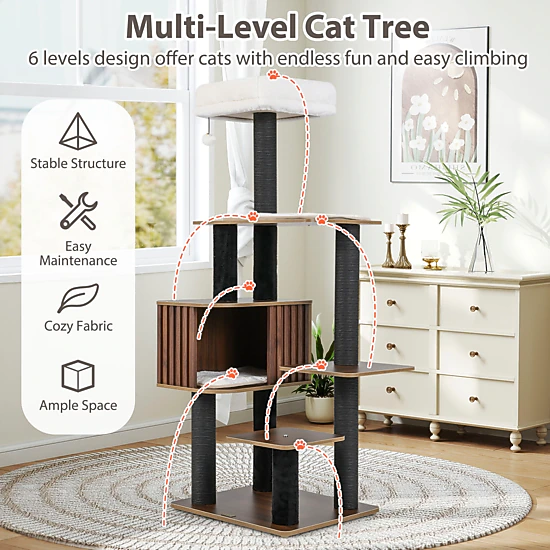 SUGIFT 59.5-in H Multi-Level Cat Tree with Fence-Style Condo and Top ...