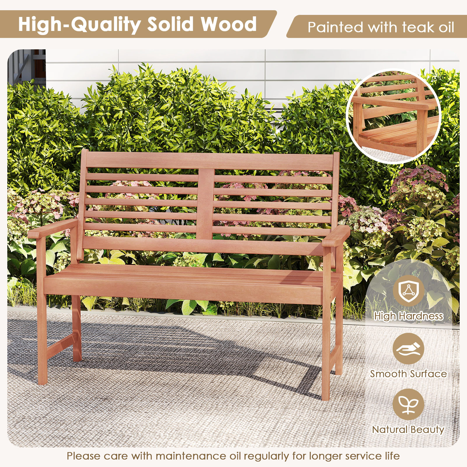 SUGIFT Patio Loveseat Outdoor 2-Seat Bench with Inclined Backrest and Slatted Seat 660-lb Capacity Teak
