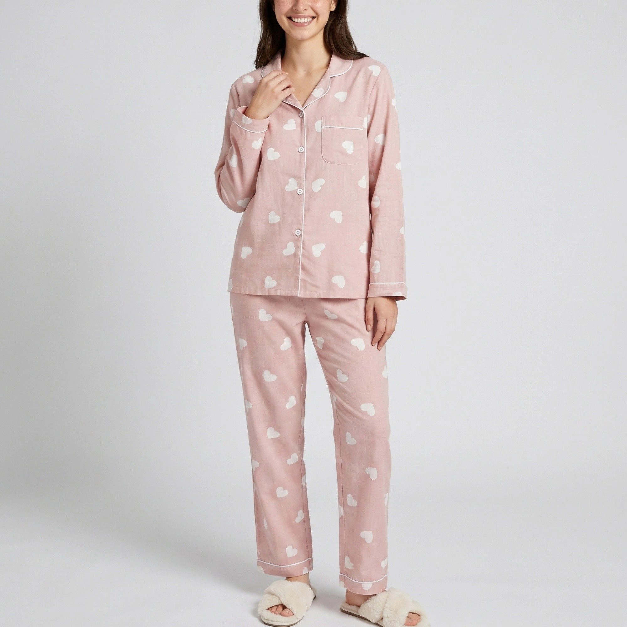 Anna-Kaci Women's 2-Piece Heart Print Button Front Pajama Top and Straight Leg Lounge Pants