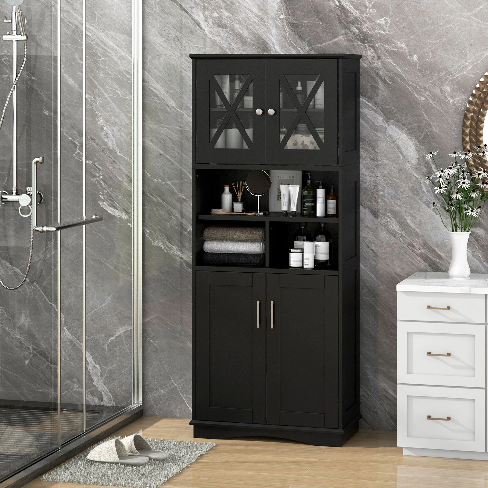 SlickBlue Multi-Use Storage Cabinet with Open Shelves for Home Organization