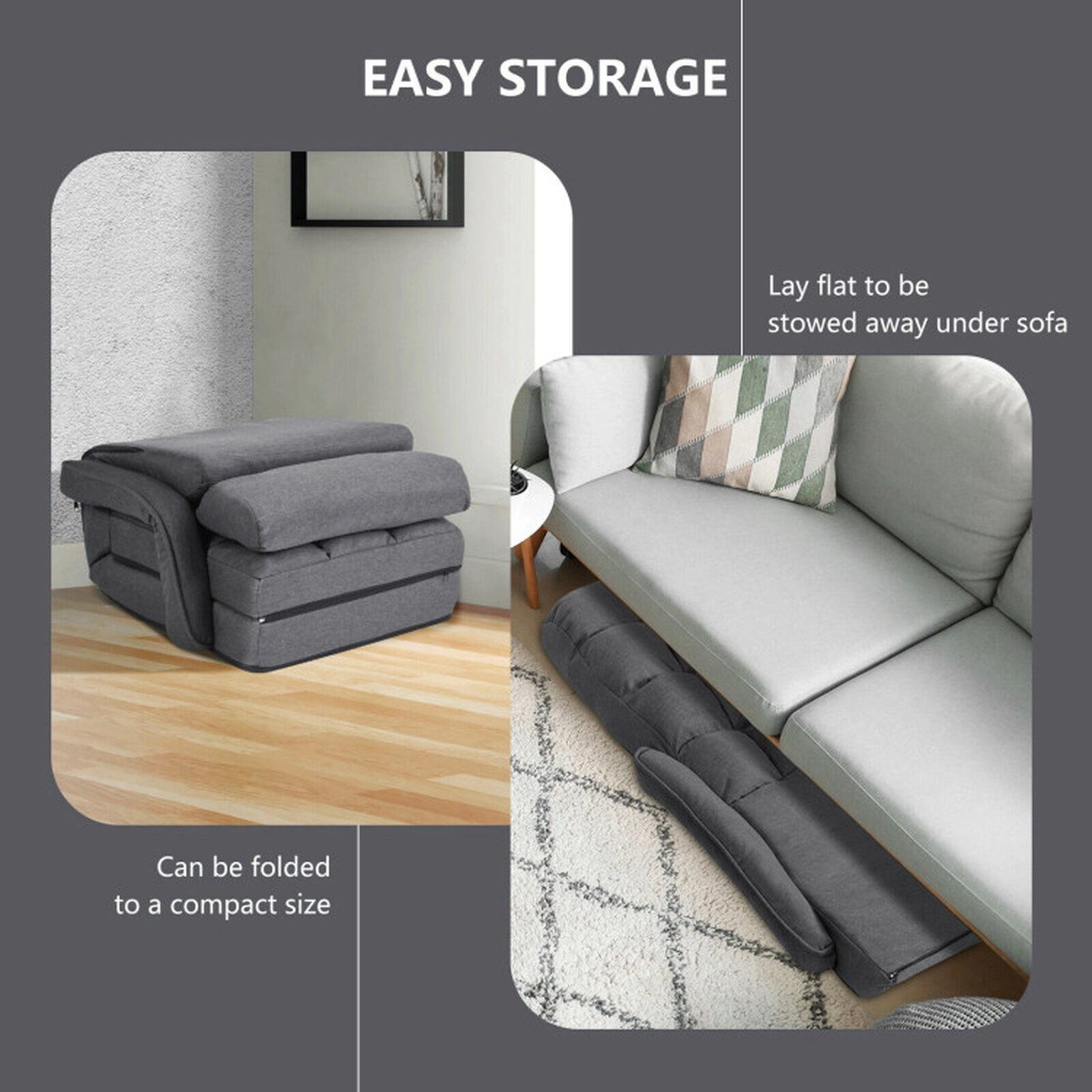 SUGIFT 6-Position Adjustable Gray Folding Floor Chair Sofa with Armrests Lumbar Pillow and Removable Cushion