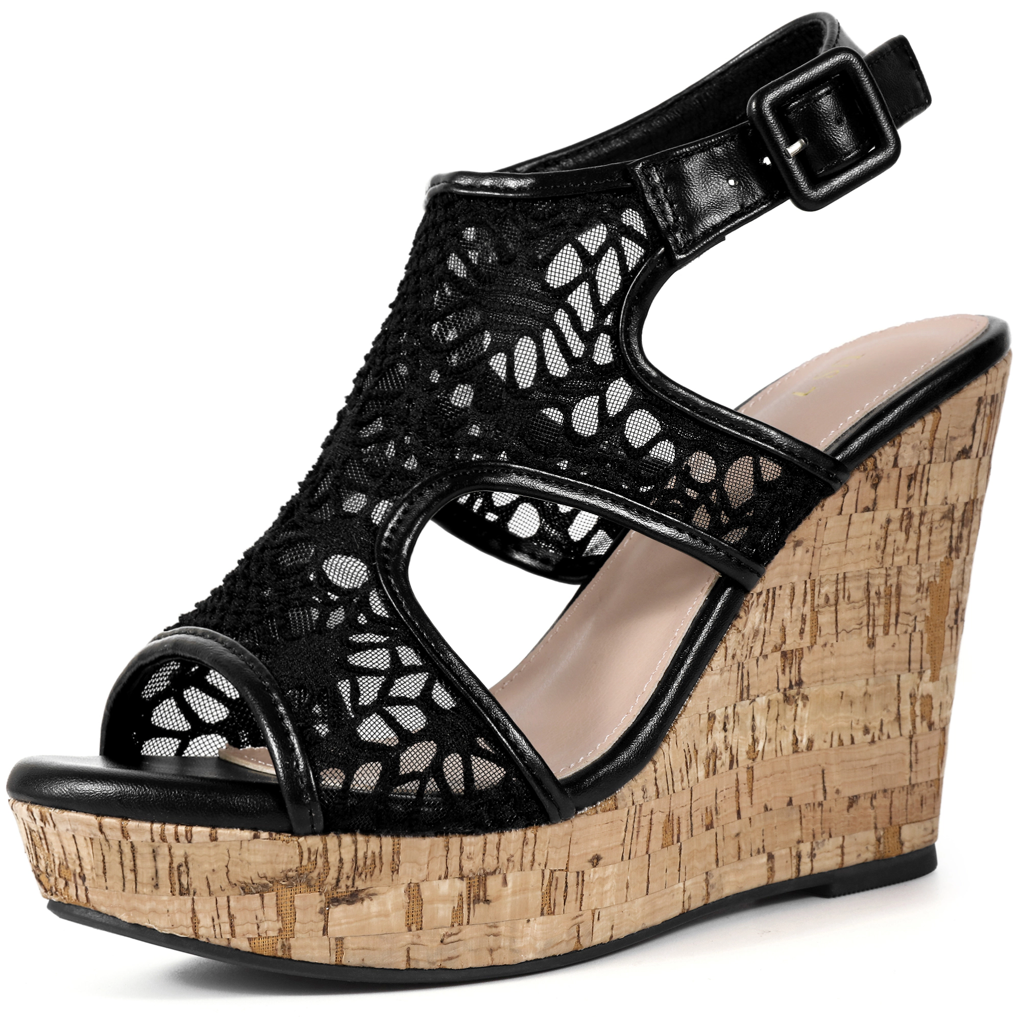 BLISSFUL STEP Women's Lace Open Toe Ankle Strap Platform Wedges Heel Sandals